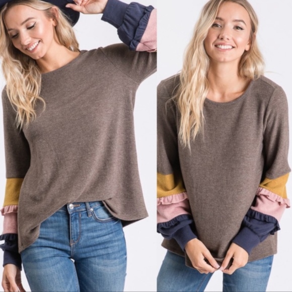 KIMMIE Ruffle Sleeve Detail Long Sleeve top -BROWN - Picture 2 of 2